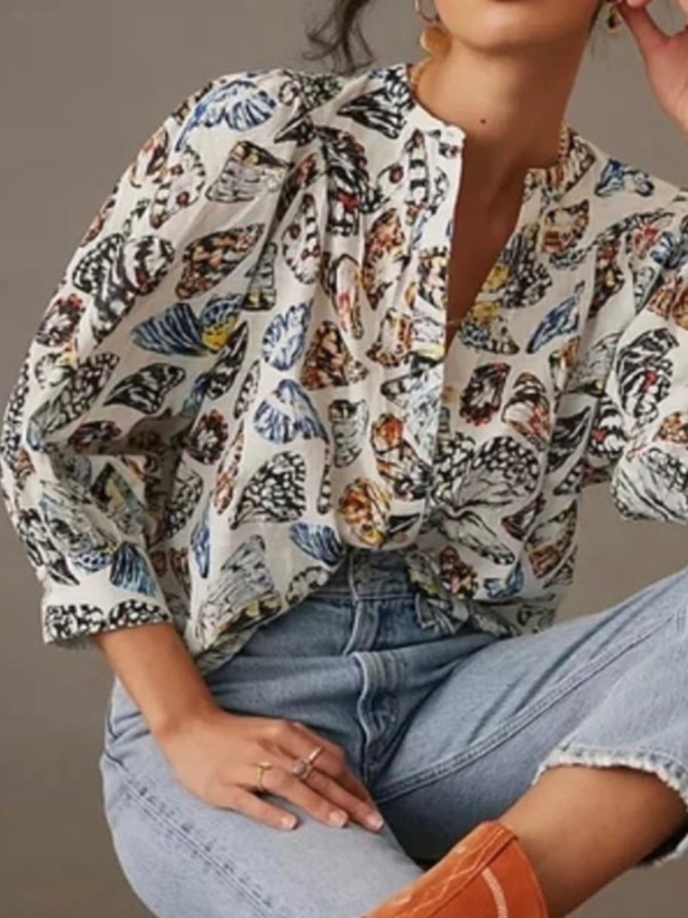Maeve Button Down Shirt Butterfly Long Sleeve XS Peasant Boho Chic Whimsical